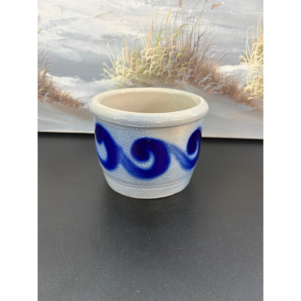 Vintage Salt Glazed Stoneware Crock Cobalt Blue Swirl Wave Small Pottery Planter